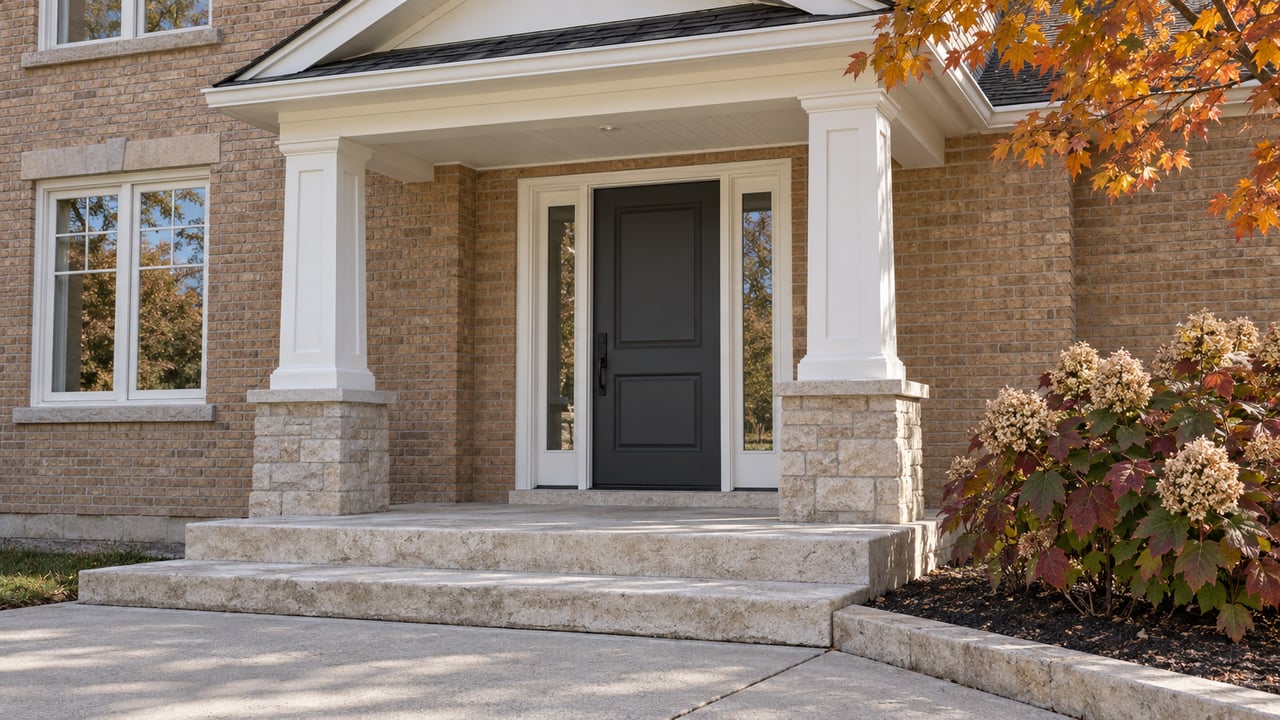 Tan brick home entry with white porch columns, limestone steps and amber maple leaves in afternoon light.