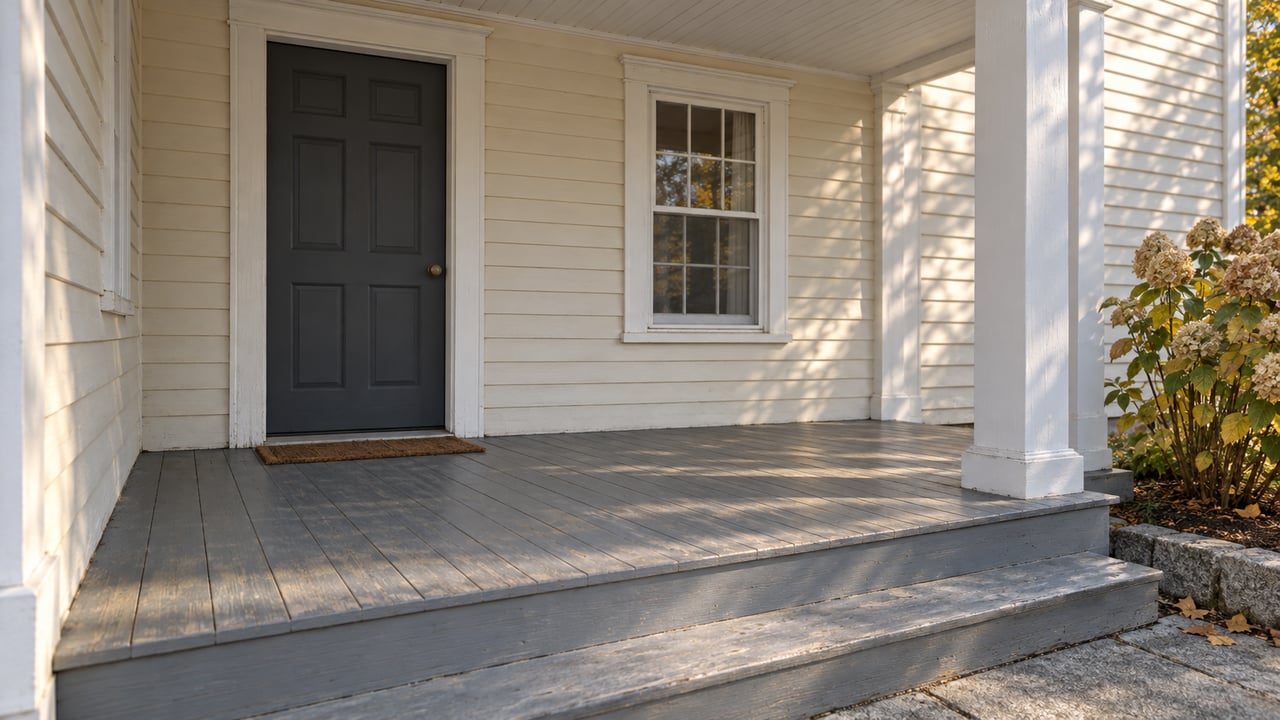Cream clapboard home entry with a charcoal door, white-trimmed window, weathered gray porch boards and fading hydrangea flowers.