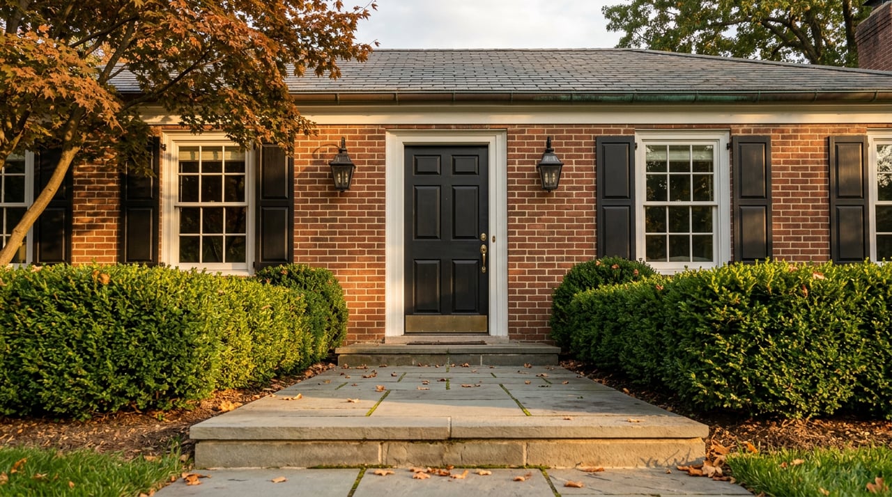 Brick home entrance with black door, bluestone steps, clipped boxwoods, and scattered orange maple leaves.