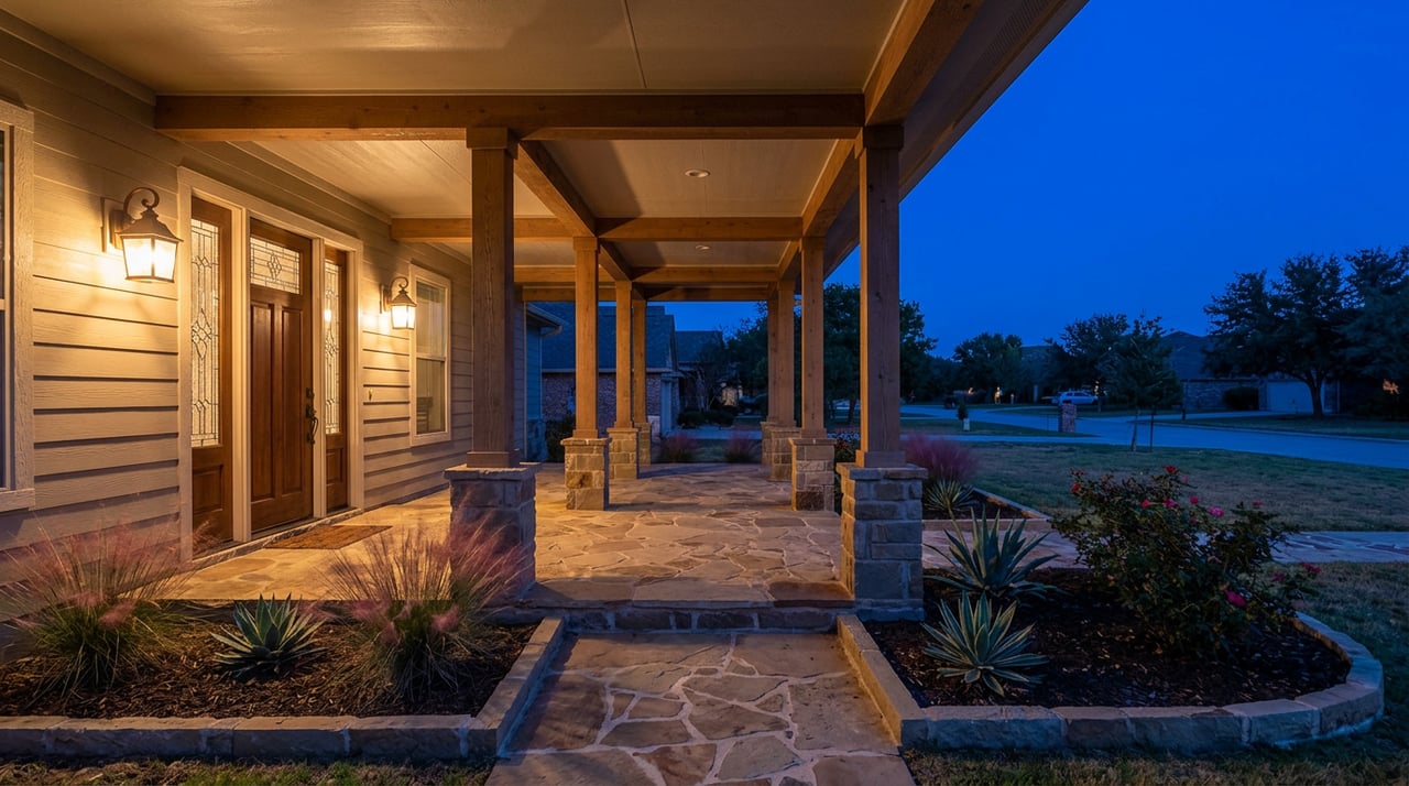 Farmhouse porch at dusk, bronze lantern warming the stone floor beside a wood entry door.
