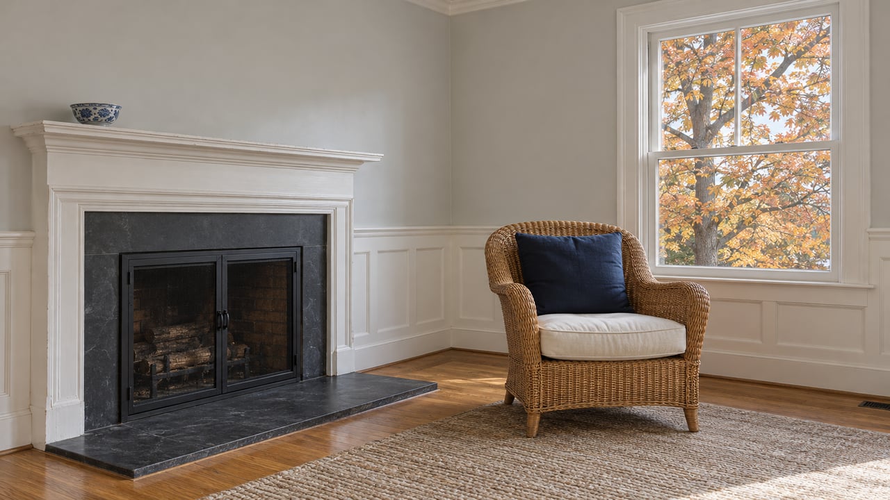 A light gray sitting room with a white mantel, slate hearth and rattan chair beside a closed window overlooking orange maple leaves.