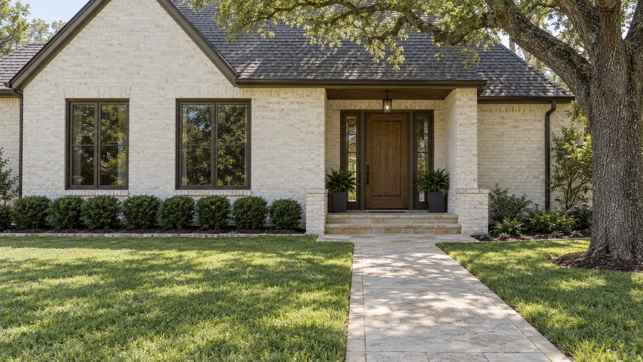 White-painted brick home with bronze windows, a recessed oak entry, limestone front walk and a mature spreading oak above a deep lawn.