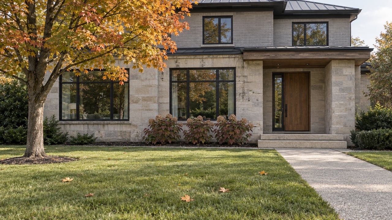 Two-story stone and gray masonry home beyond a deep front lawn, with a recessed wood entrance and an orange-leaved sugar maple.