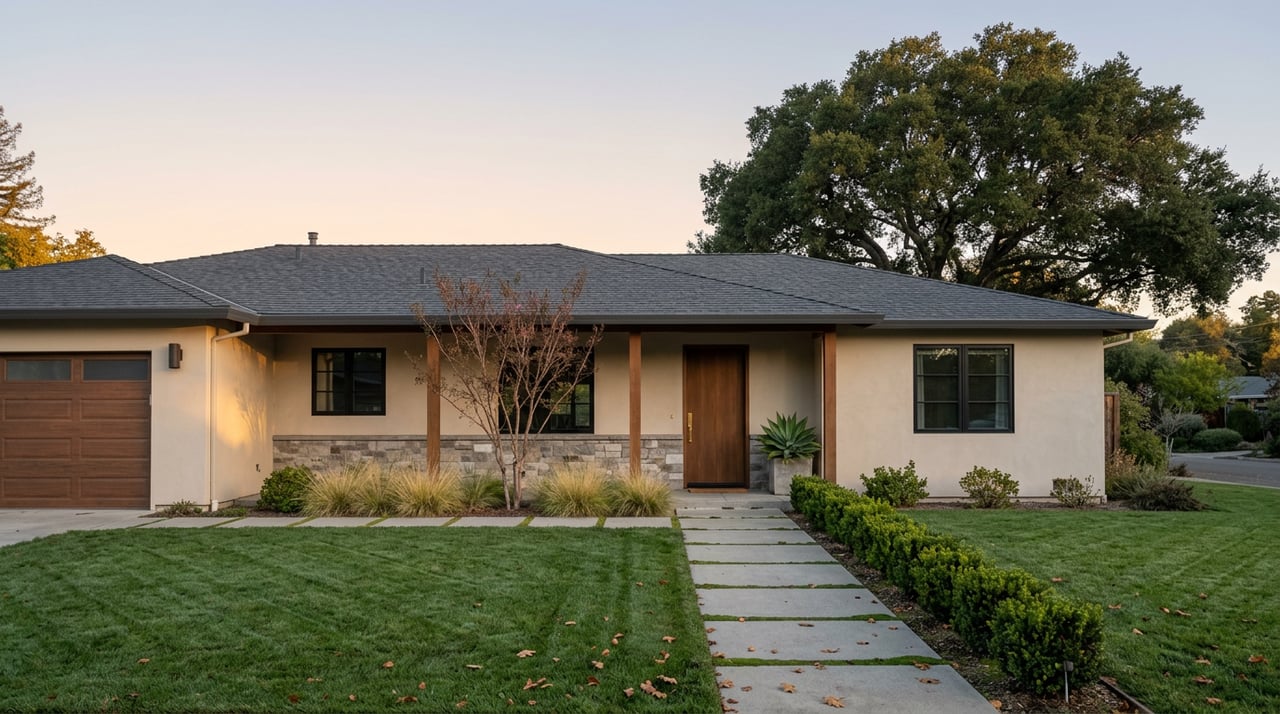 Single-story ranch home with a deep lawn, paver walkway, redbud tree, and oak canopy at dawn.