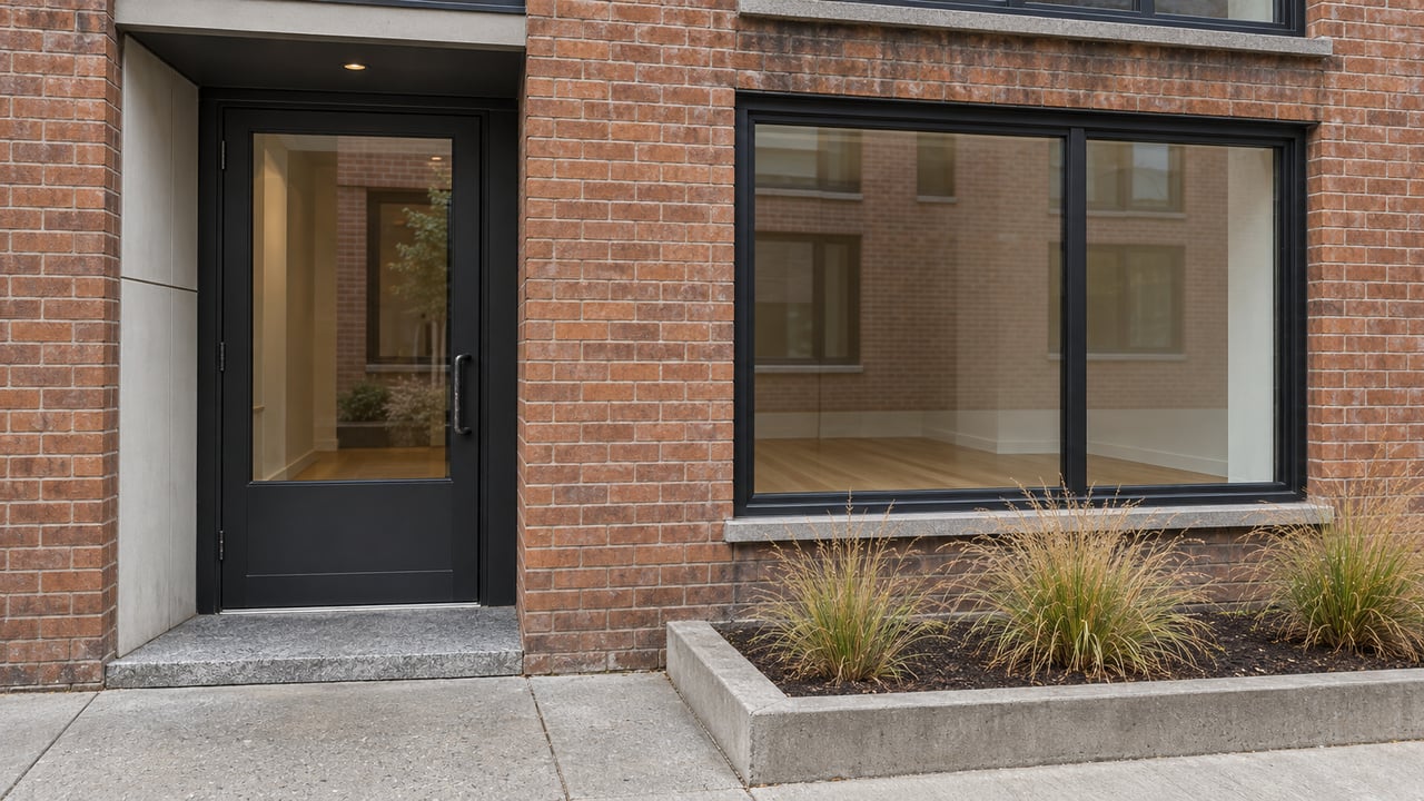Close view of a brick residential entrance with black-framed glazing, a granite threshold and golden prairie dropseed in a raised concrete bed.