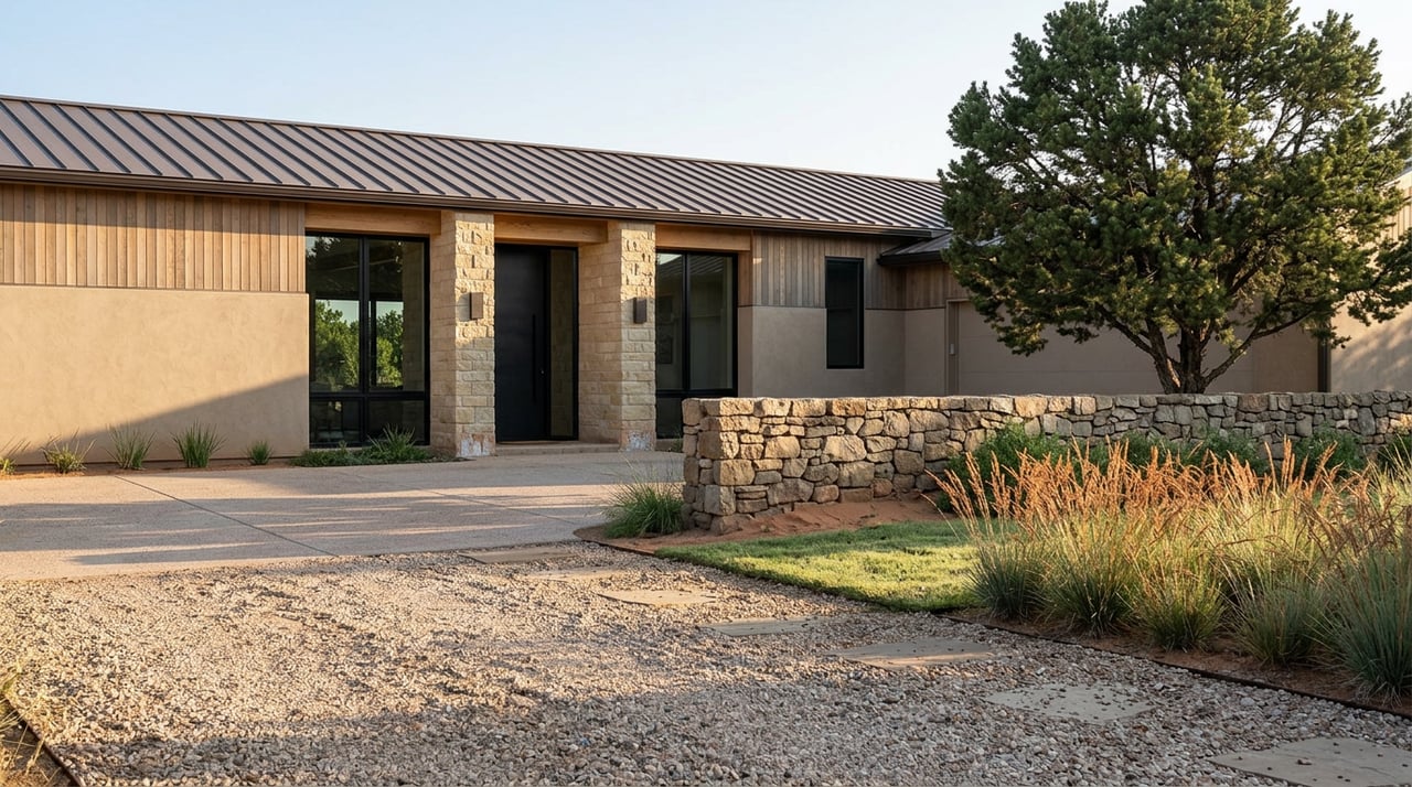 Single-story contemporary home with cedar siding, bronze metal roof, sandstone entry piers, and a piñon pine beside gravel landscaping.