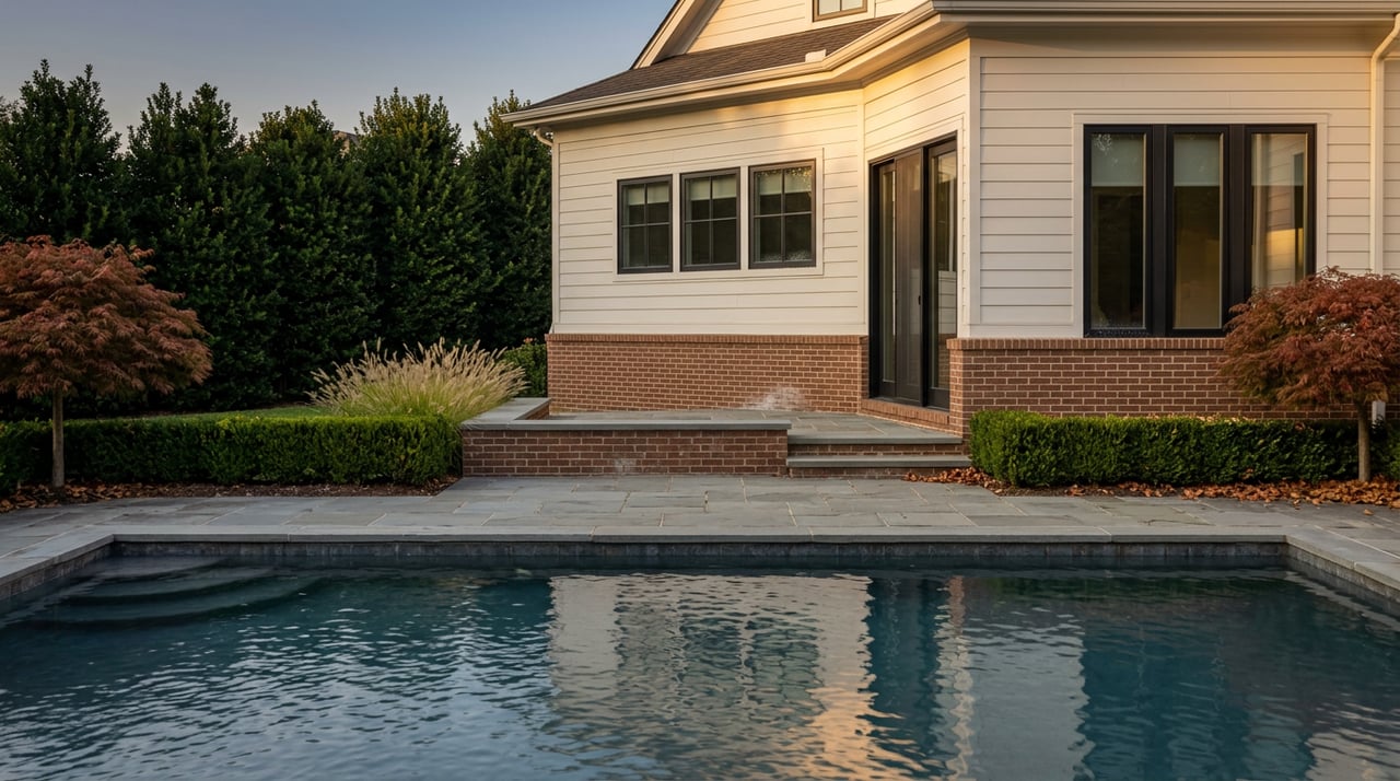 Dark pool water faces a brick-and-white-sided home, framed by Japanese maples and clipped holly.