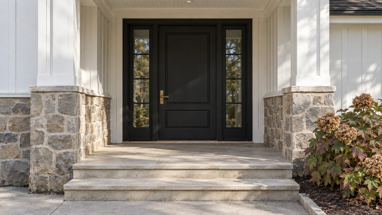 White board-and-batten home entrance with a black door, paired sidelights, fieldstone walls and limestone steps beside autumn oakleaf hydrangea.