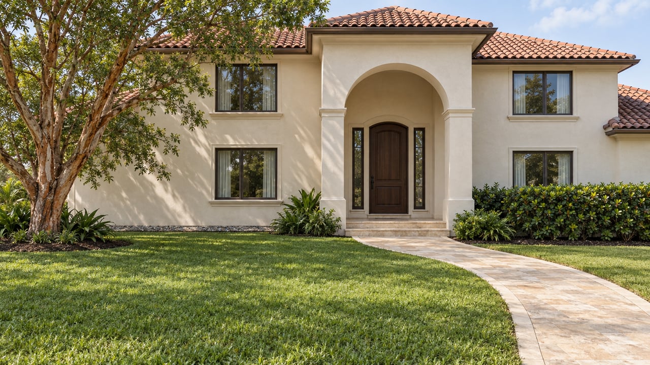 An ivory stucco home with terracotta roofs, bronze-framed windows and a shaded arched entrance beyond a deep lawn and curved stone walk.