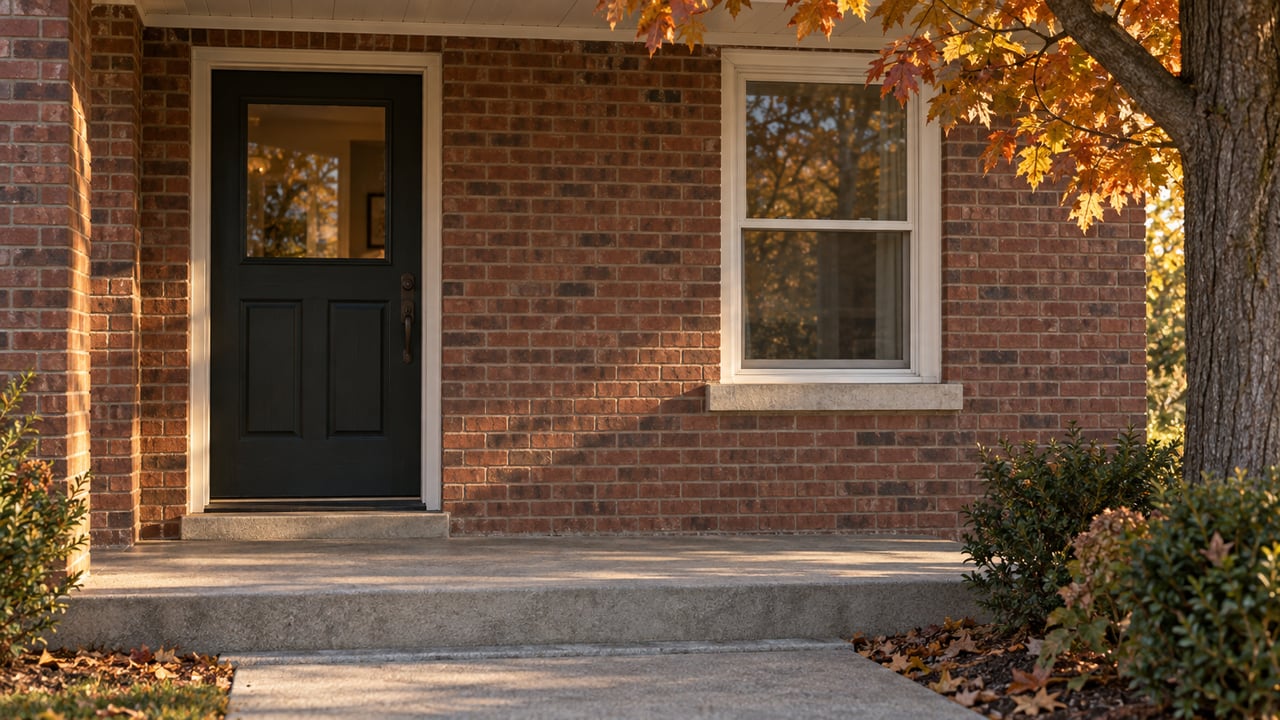 Brick house entry with dark wood door, double-hung window, and russet leaves on an overhanging branch.
