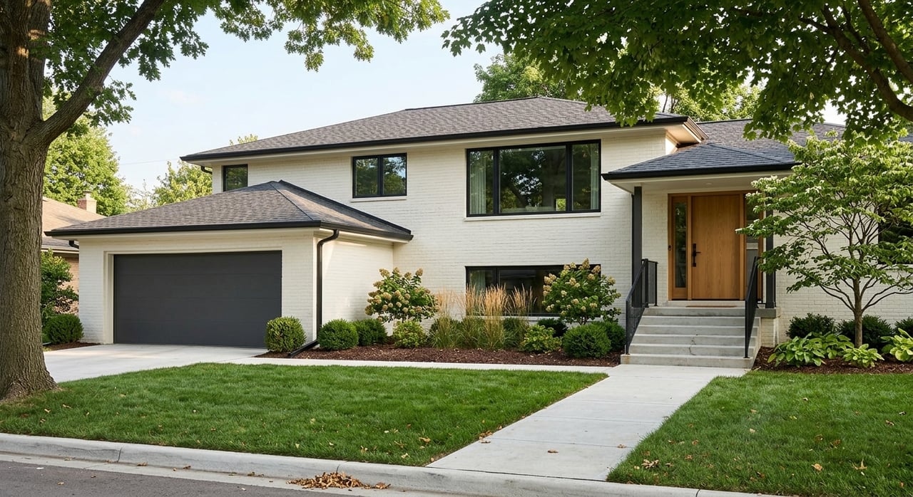 Updated ranch house with warm-white brick, black windows, a low roof, and an elevated main level.