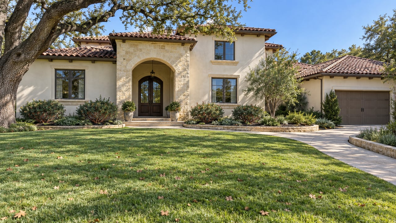 Cream stucco estate with russet tile roofs, an arched limestone entry and a deep front lawn beneath a spreading oak.