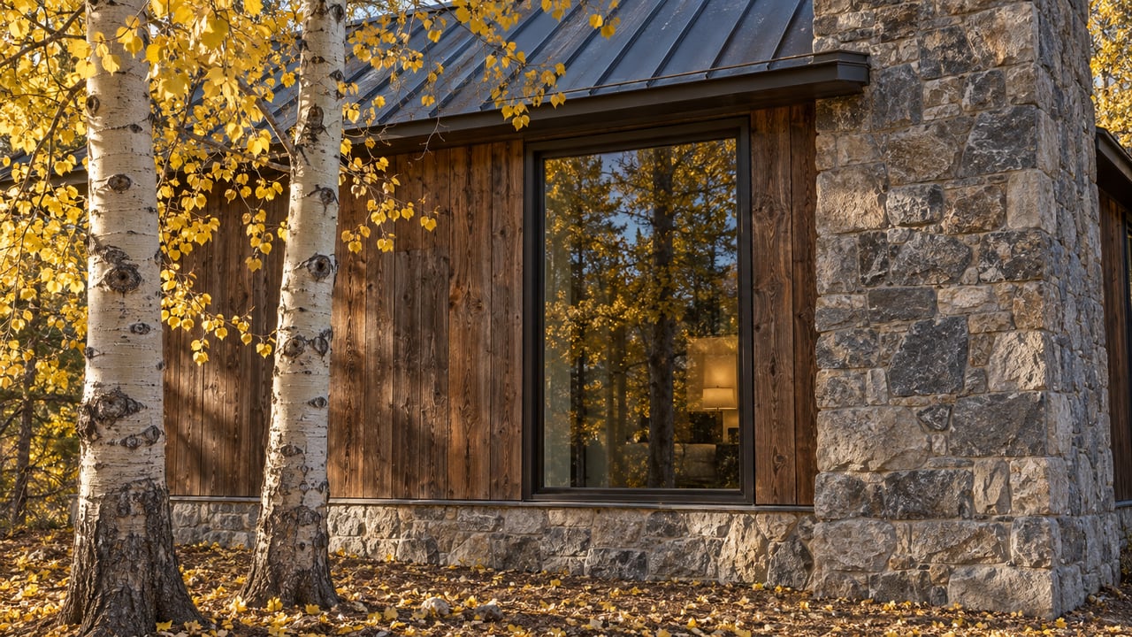 Weathered timber house with a stone chimney, framed by two yellow-leaved aspens.