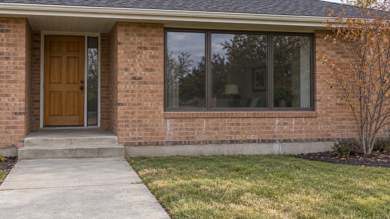 Close view of a brick ranch home with a recessed wooden entry, broad bronze-framed window, concrete steps, autumn serviceberry and partly dormant lawn.
