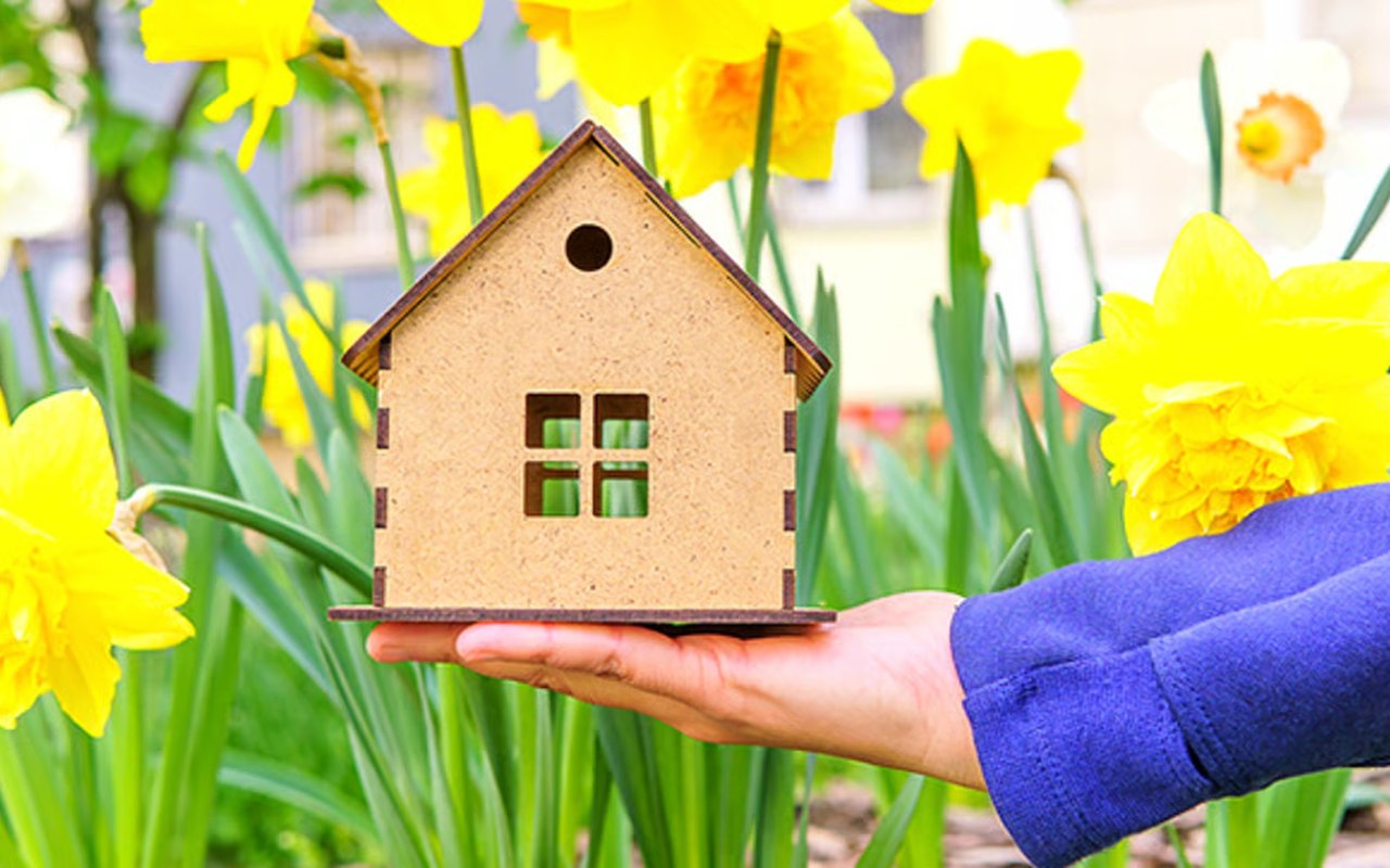 A hand holds a wooden model house among yellow daffodils.