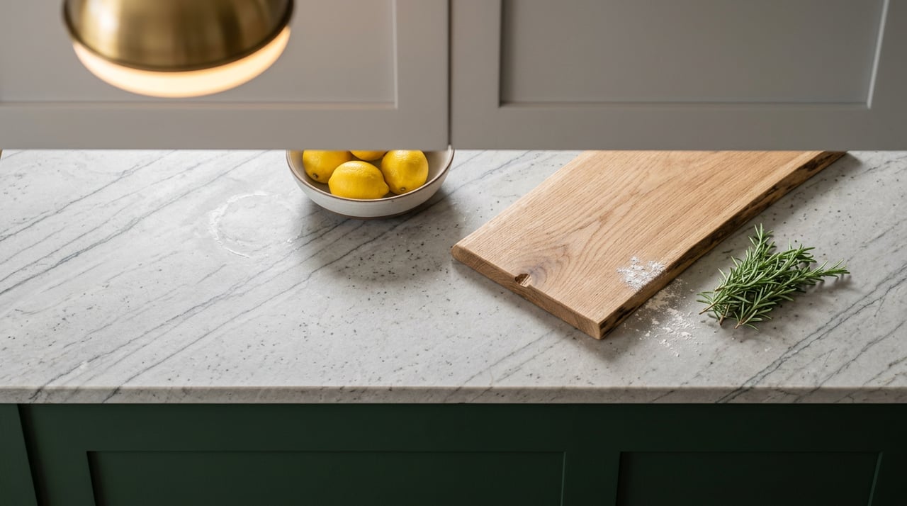 Quartzite kitchen counter with a white oak cutting board, lemon bowl, rosemary sprigs, and warm pendant glow.