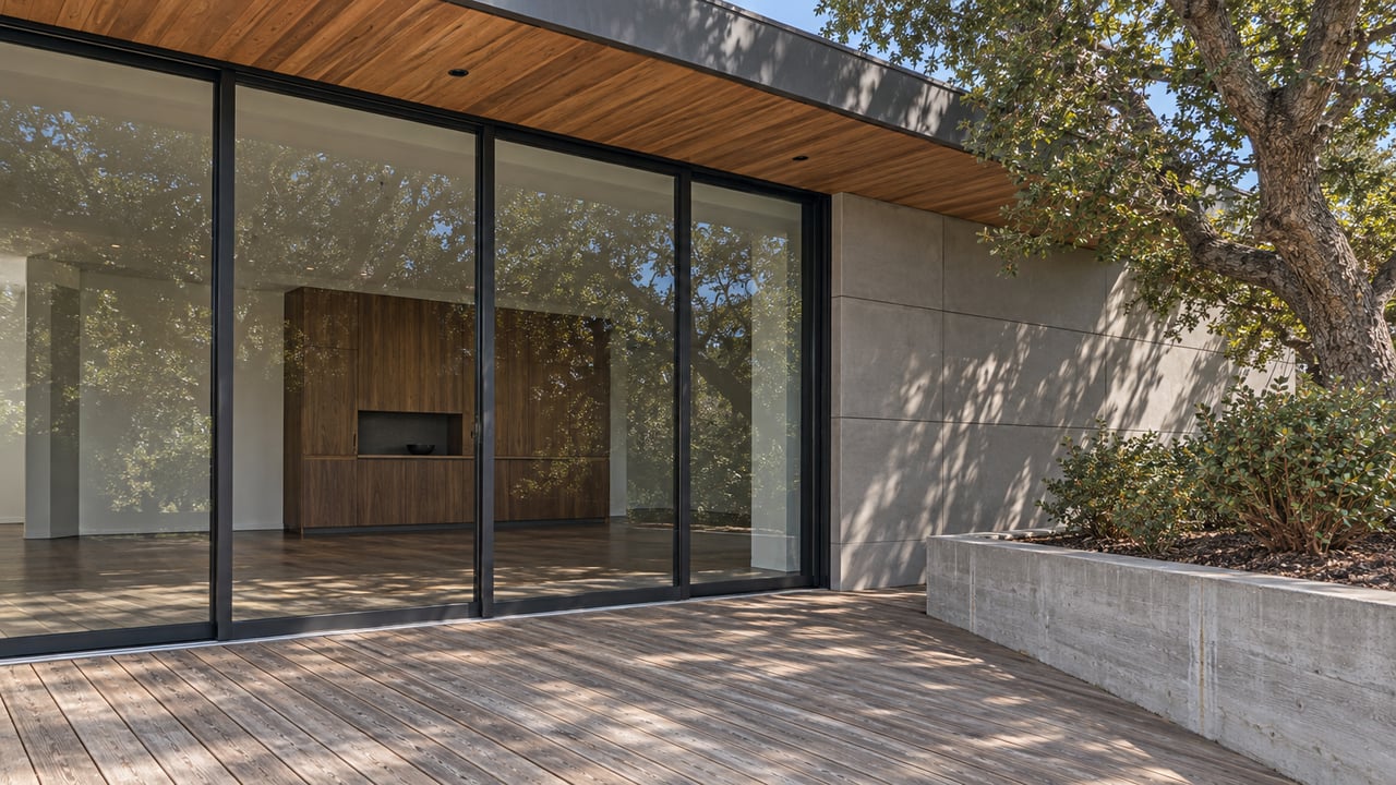 Sunlit wood terrace beside black-framed glass and warm-gray wall panels, with a mature oak in a raised concrete planting bed.