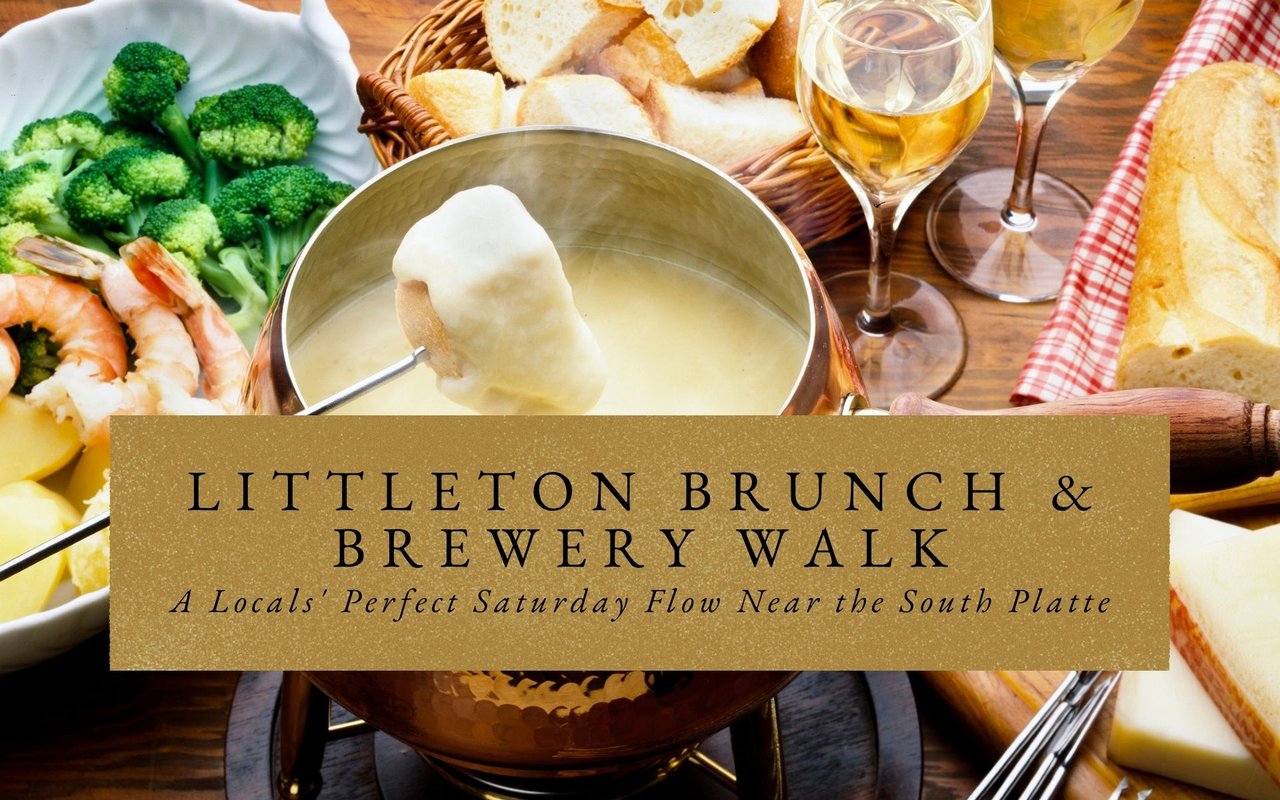 Couples dipping breakfast fondue with mimosas on the patio at The Melting Pot in Littleton, CO, starting a spring Saturday brunch walk.