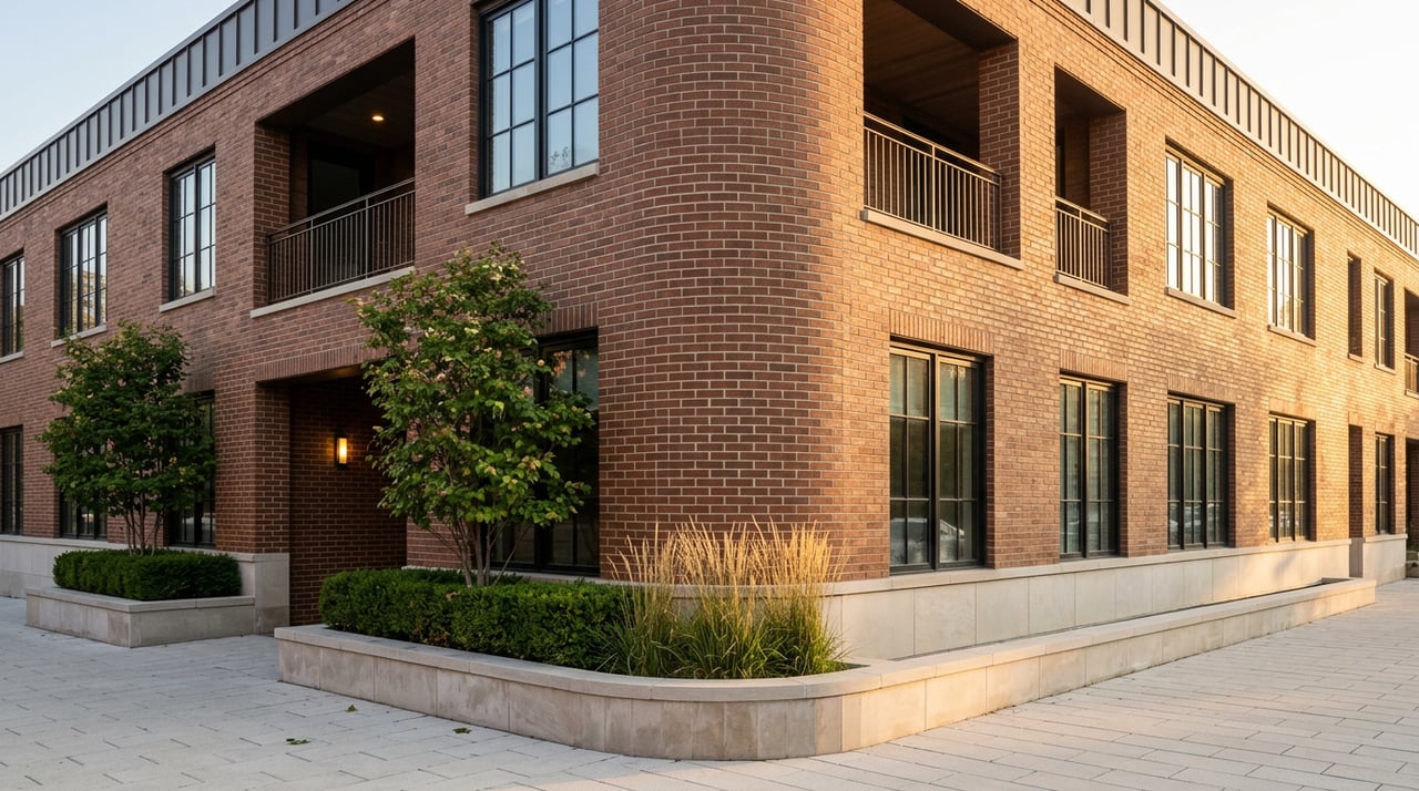 Curved red-brown brick apartment corner with stacked balconies, black-framed windows, and trees in stone planters.