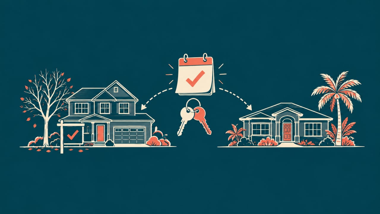 Illustration of a two-story house with a check-marked yard sign and a one-story house with a palm tree, with arrows from one checked calendar page and keys to both, for a New Lenox, Illinois seller who closed on two homes the same day.