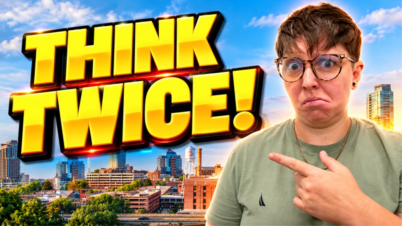 “THINK TWICE!” graphic with a person pointing toward a Durham city skyline.
