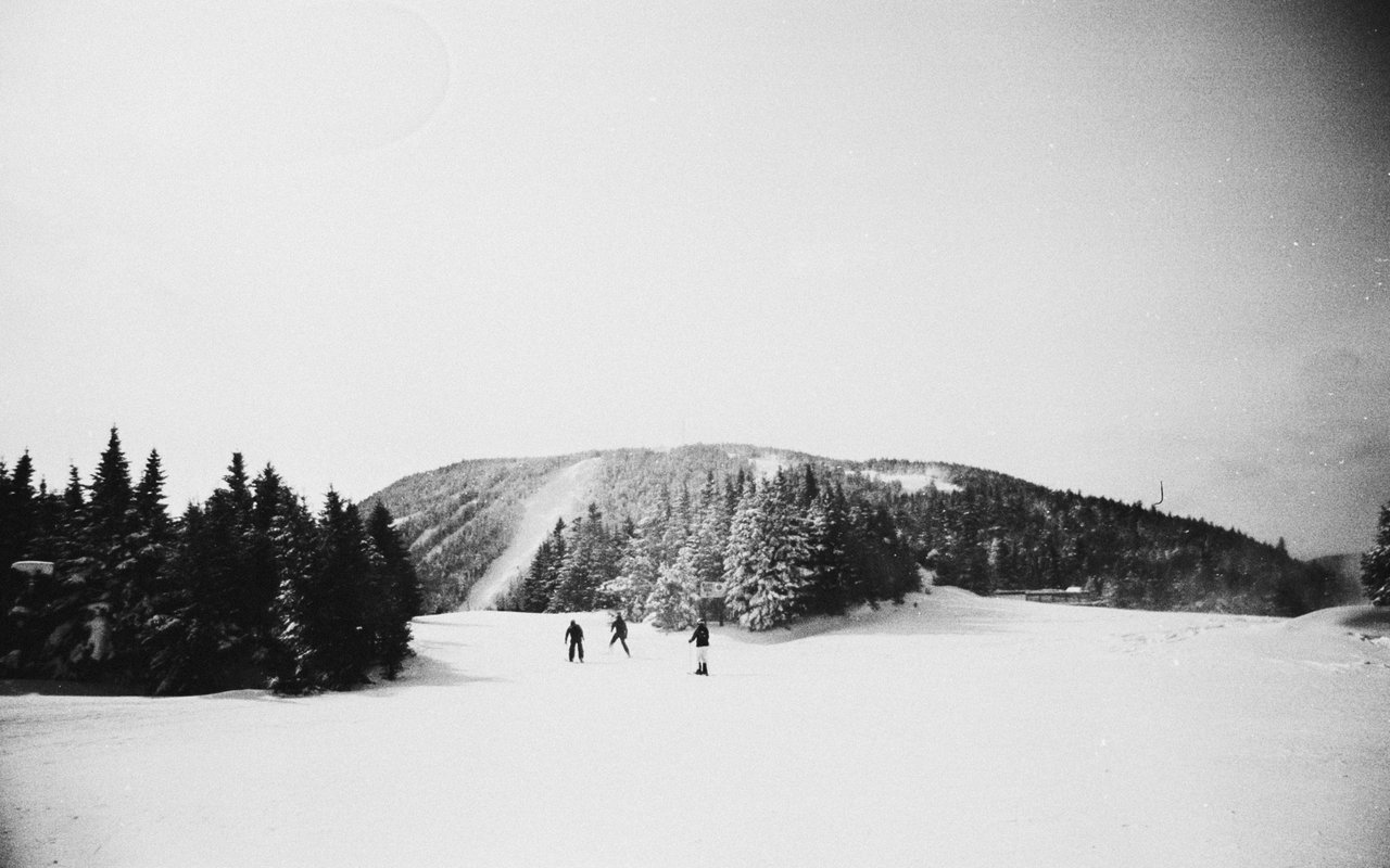 Three skiers cross a snowy slope beneath a forested mountain.