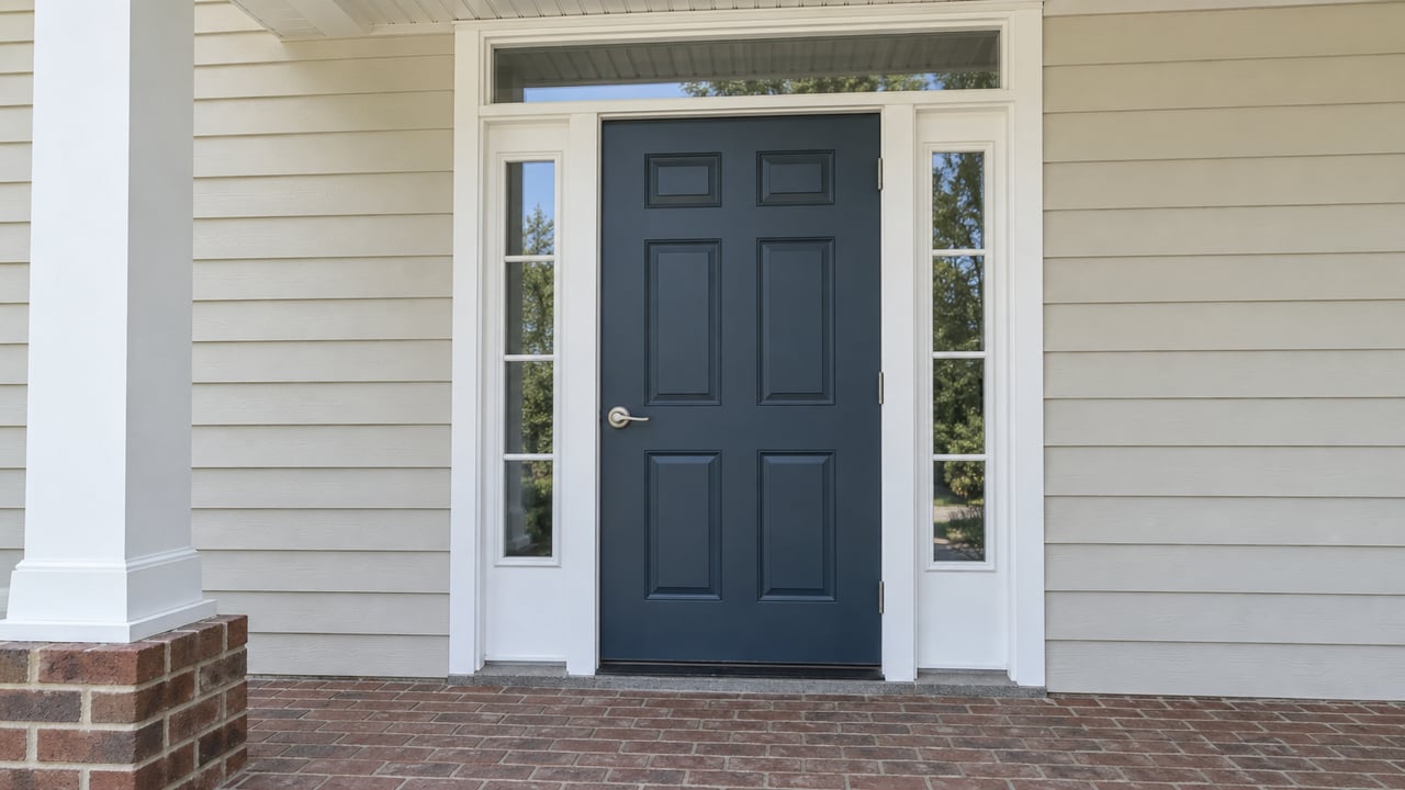 Covered entry with a blue-gray paneled door, paired white sidelights, cream lap siding and a weathered brick stoop.
