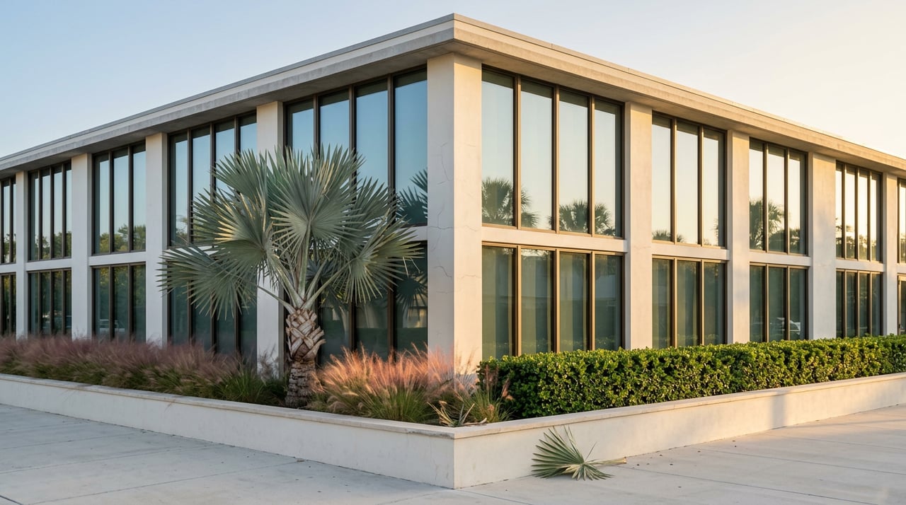 Glazed coastal building corner with a silver-blue fan palm and pink muhly grass in a street-side planter.
