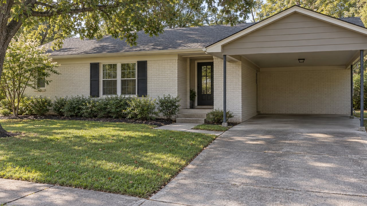 Off-white brick ranch house with an attached open carport, front lawn, and concrete walkway to the entry.