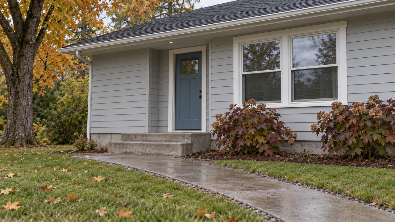 Gray clapboard house with a blue front door, concrete entry steps, autumn maple foliage and a rain-darkened walkway.