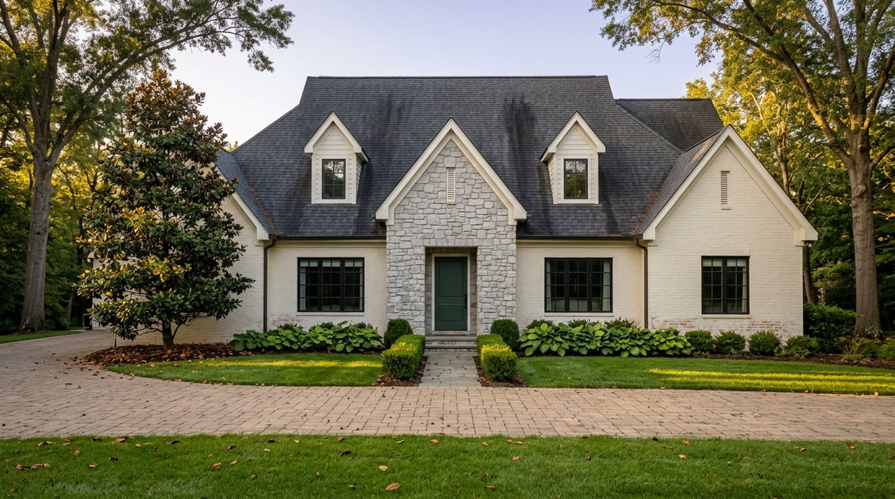 Estate home with steep multi-gabled roof, stone entry, curved paver drive, and magnolia-framed lawn.