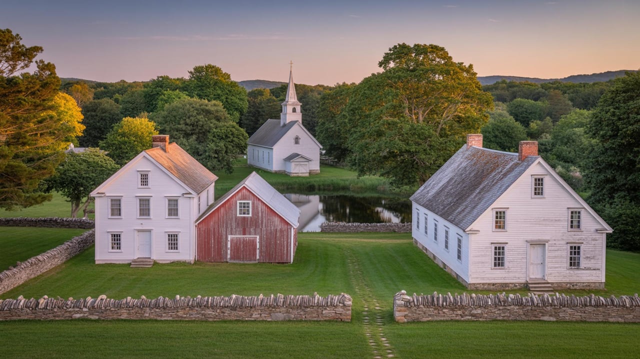 Historic white farm buildings and red barn around a green lawn, with a church steeple among trees.