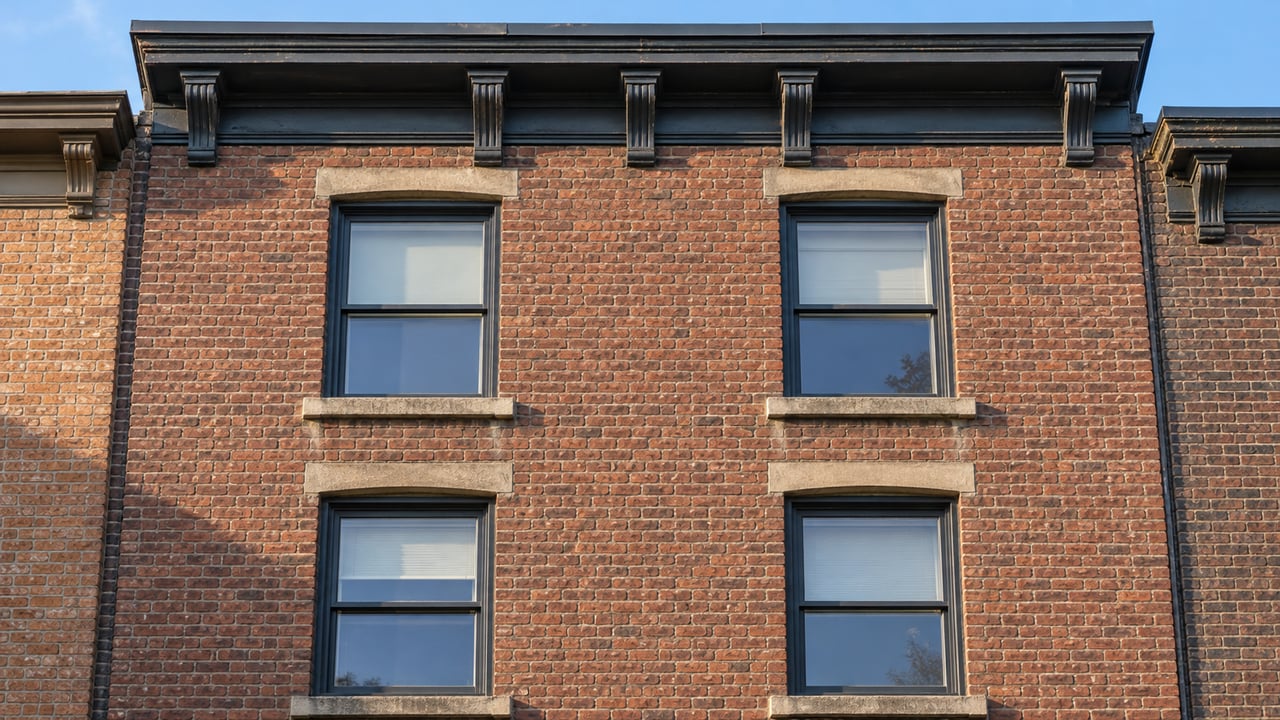 Sun grazes a red-brown brick rowhome’s upper windows, limestone lintels, and dark bracketed cornice against a pale blue sky.