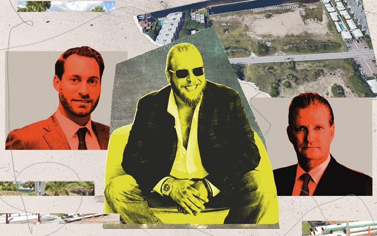 Editorial collage of three male executives over an aerial view of a waterfront construction site.