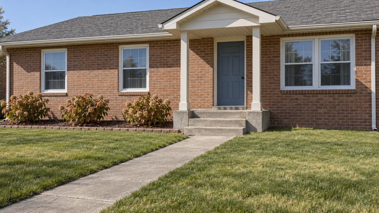 A modest red-brick home with a blue front door, broad front lawn, and concrete walk in clear daylight.