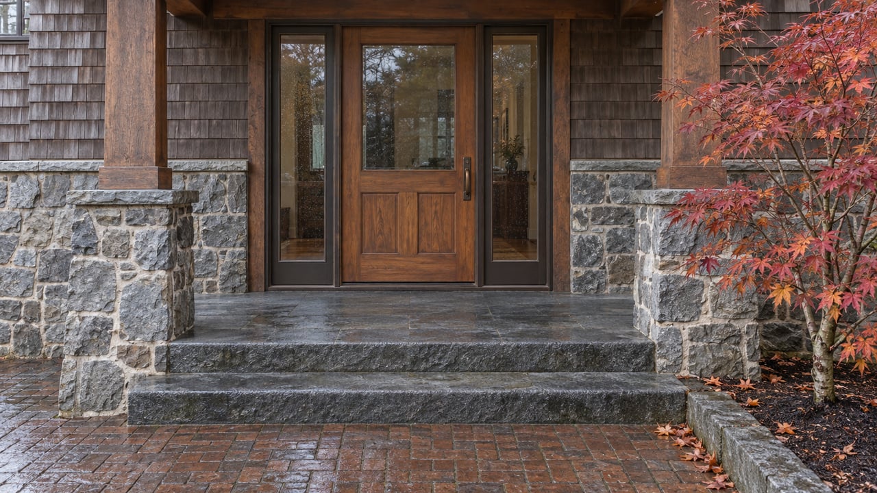 Rain-darkened brick approach and basalt steps lead to a sheltered oak-and-glass entry framed by stone piers, cedar shingles and a copper-red Japanese maple.