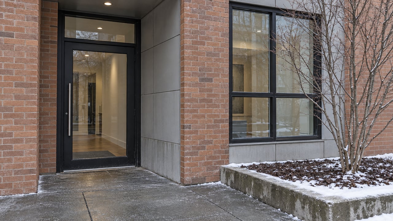 Winter daylight on a recessed condominium entrance with russet brick, black-framed glass, pale panels, and a bare serviceberry in a snow-dusted raised bed.