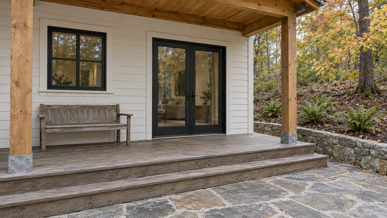 Timber-covered cottage porch with closed black-framed glass doors, weathered wood decking and stone steps beside autumn maple foliage.