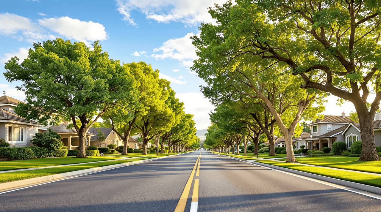 Tree-lined family-friendly residential street in the San Fernando Valley with well-maintained homes and warm afternoon light