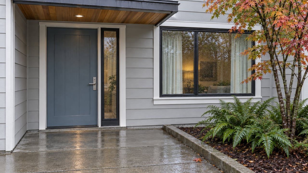 Rain-damp contemporary home entrance with a blue-gray door, cedar soffit, gray siding, and a small maple and fern planting bed.