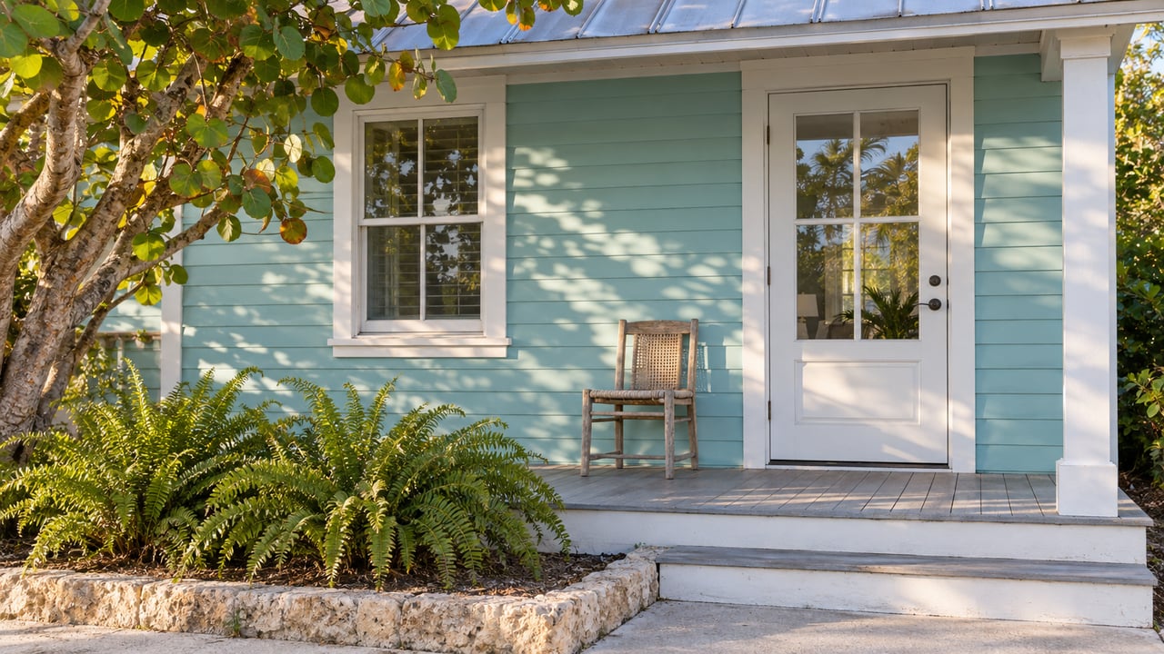 Aqua clapboard home with a white glazed door, shaded porch chair, weathered decking and round sea-grape leaves in morning light.
