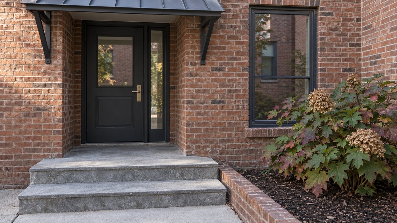Brick residence entry with a charcoal door, limestone steps, dark metal canopy and autumn-colored oakleaf hydrangea.