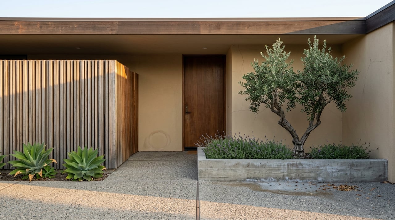 Cedar screen and walnut front door open onto a courtyard with an olive tree, lavender, and agave.
