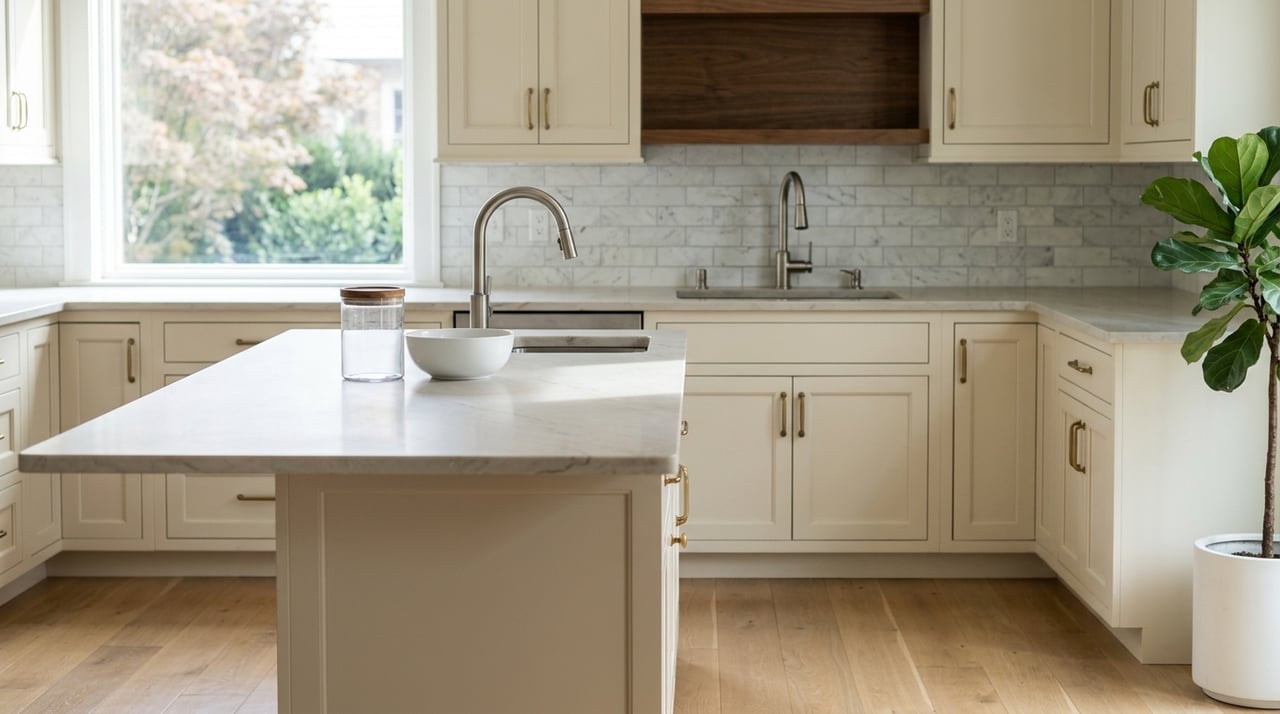 Kitchen island with quartzite countertop, inset cabinetry, and marble backsplash.