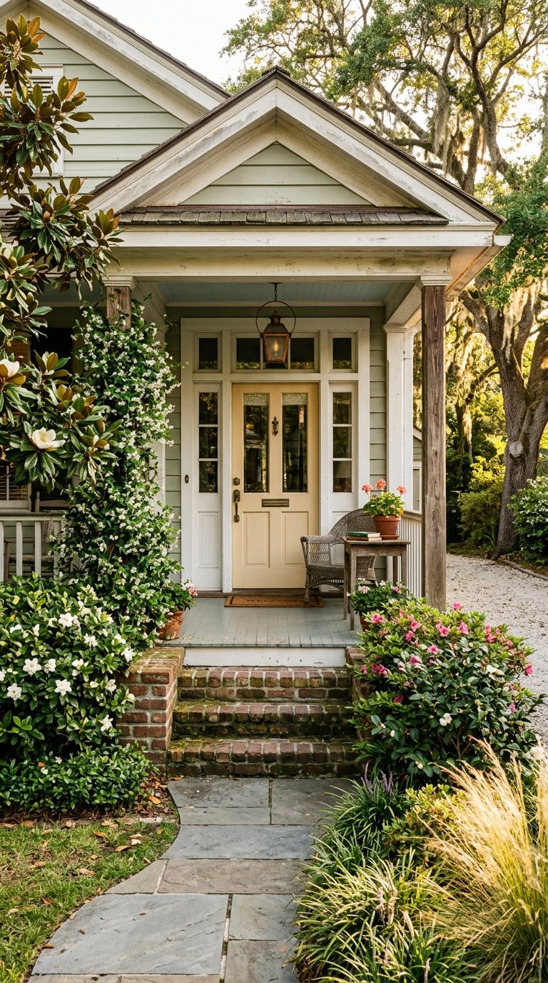 Slate-blue front door with brass hardware, black lantern, brick steps, and leafy shrubs.