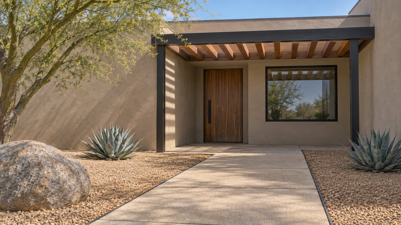 Desert-modern home entry with greige stucco, a cedar canopy, dark-framed glazing and a gravel garden with agaves and a branching tree.