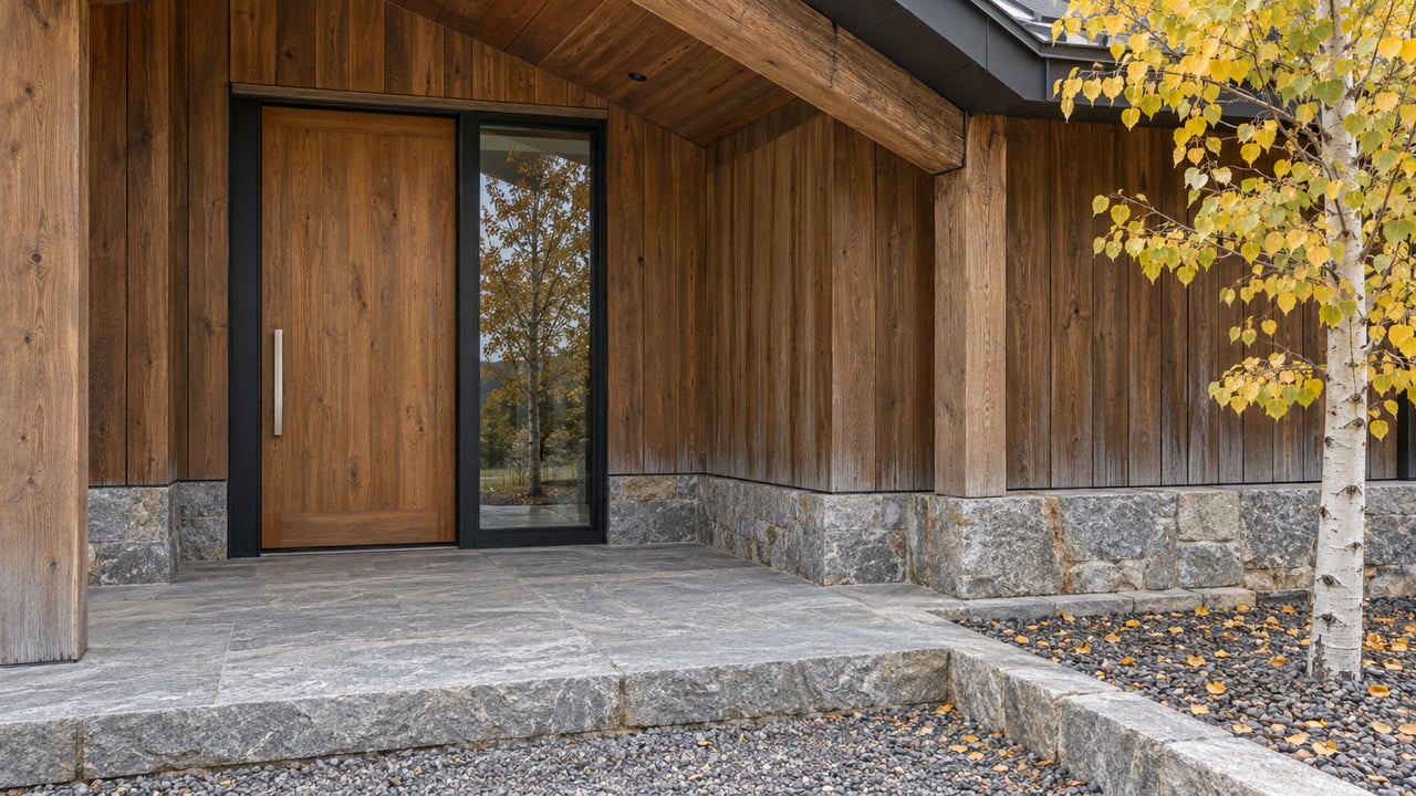 A recessed timber entry with a closed oak door, black-framed sidelight, quartzite landing and golden aspen leaves.