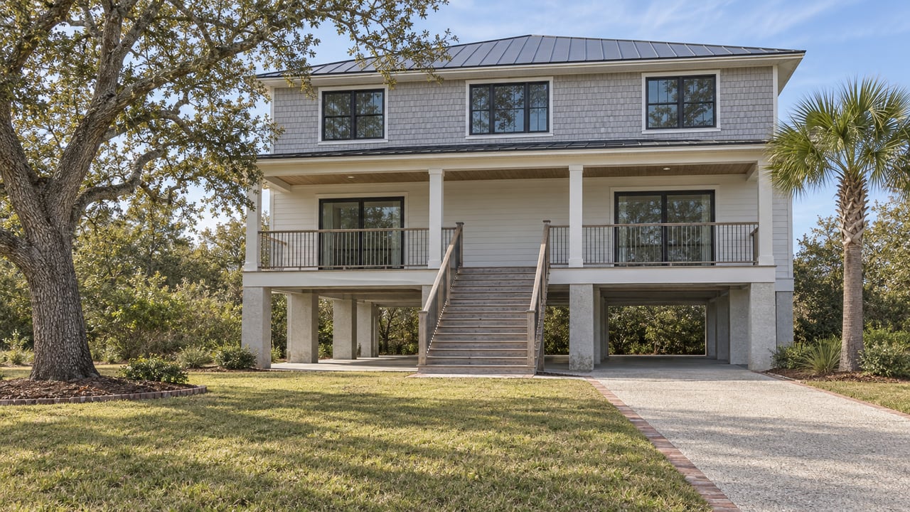 Elevated white lap-and-shingle house with a charcoal metal roof, broad front stair, deep lawn, live oak and a single palmetto.