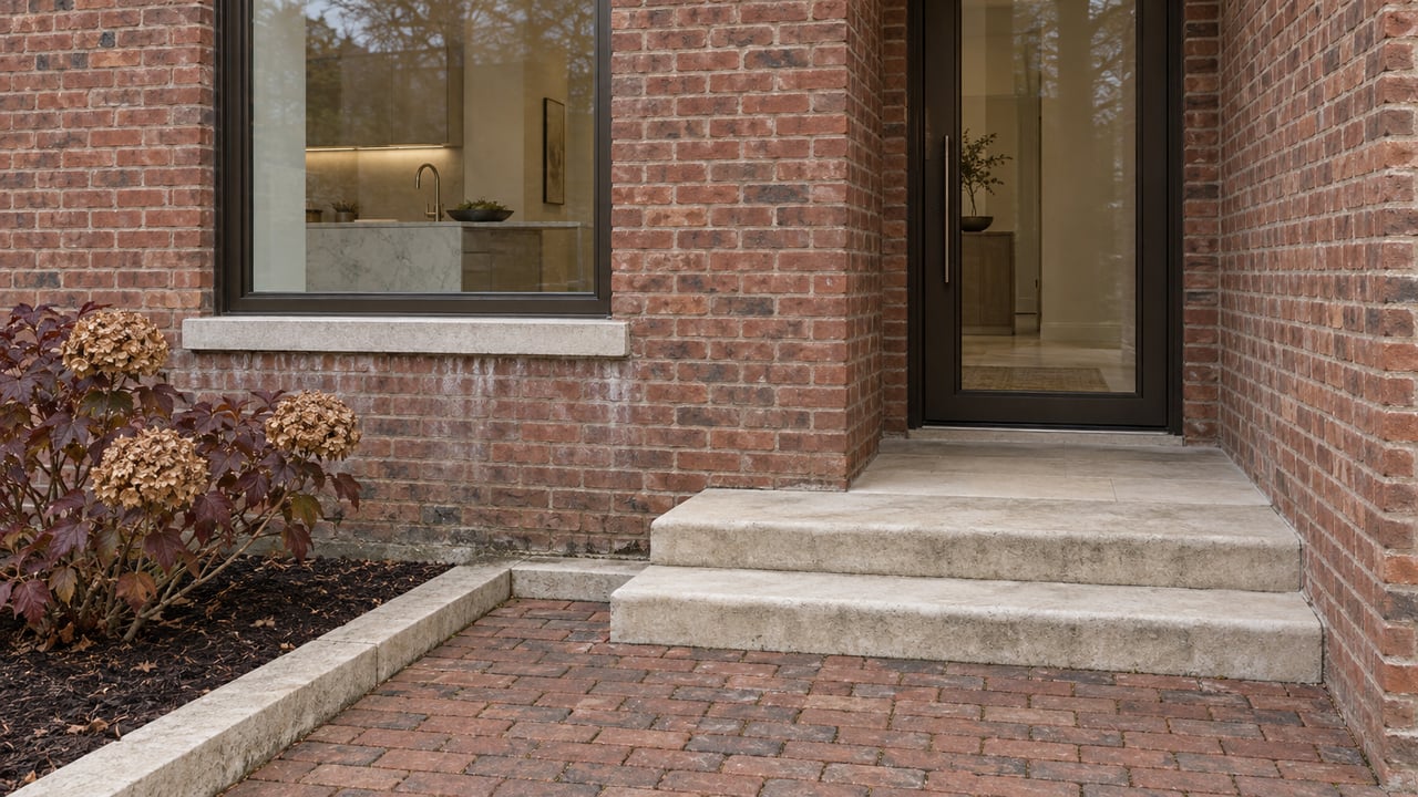 Brick townhome entrance with bronze-framed glazing, worn limestone steps, and burgundy oakleaf hydrangea beside a brick court.