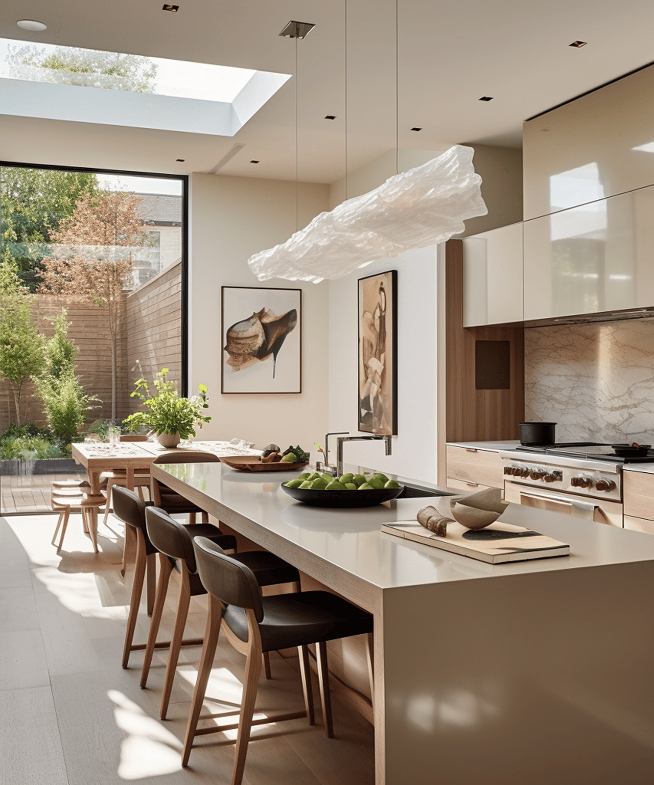 Modern kitchen with a white island, marble backsplash, and garden-facing windows.